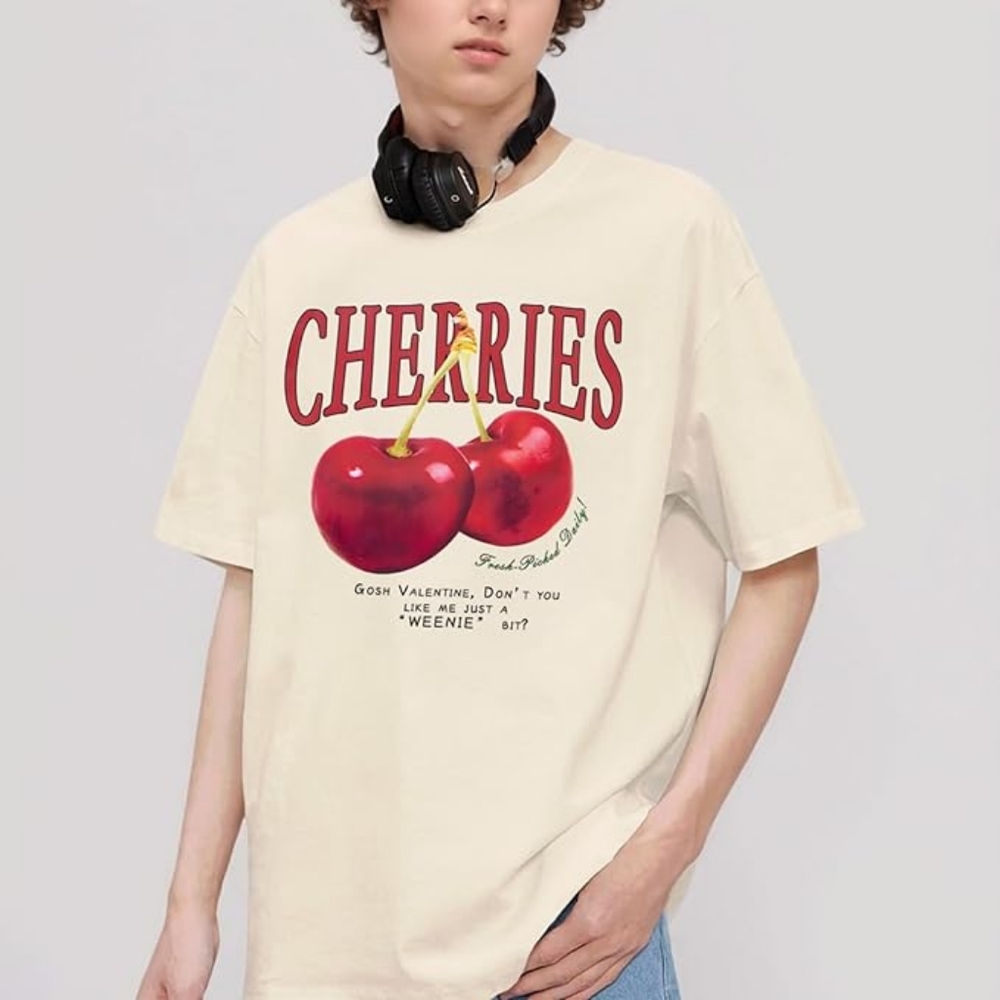 Pairxily Oversized Cherry Fruit Graphic Tee